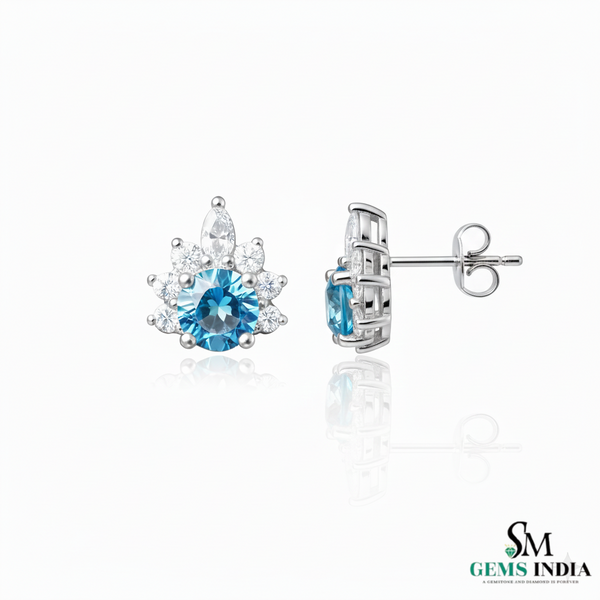 March Birthstone Round Aquamarine Diamond Cluster Stud Earrings