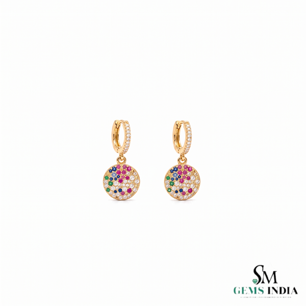 Multi-Color Sapphire & Diamond Disc Drop Hoop Earrings - Rainbow Gemstone Fine Jewelry for Women