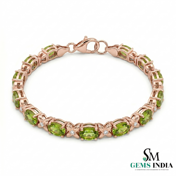 Natural Oval Peridot Bracelet with Diamond Flower Links for Women – August Birthstone Jewelry