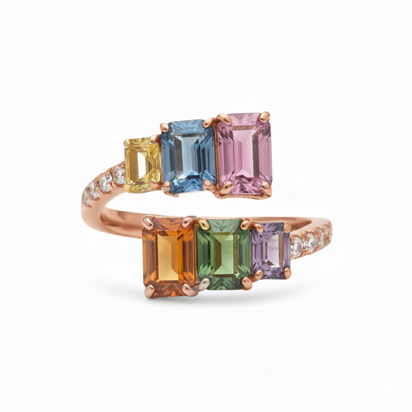 Doppelter Smaragd-Ring in offenem Design aus 14 Karat Gold – Band mit quadratisch und rund geschliffenen grünen Edelsteinen