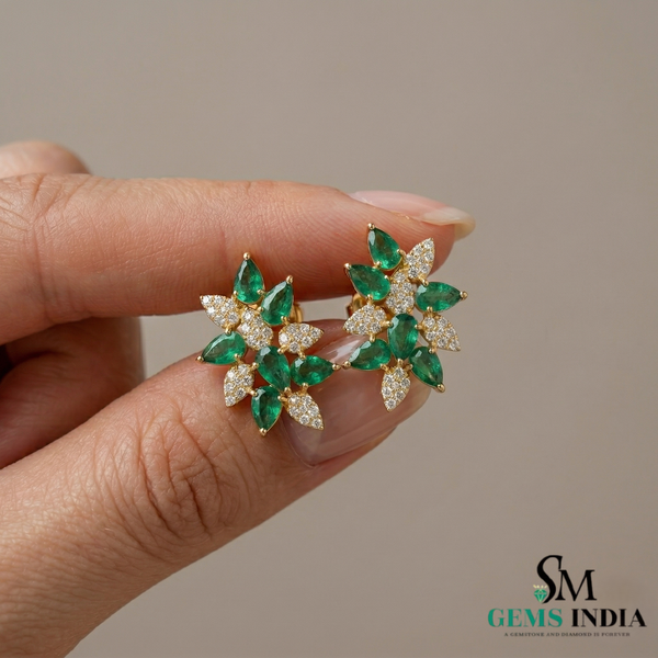 Green Emerald & Diamond Floral Stud Earrings – Elegant Gold Jewelry