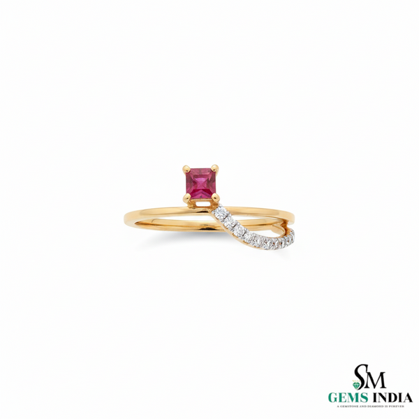 Princess Cut Natural Ruby Ring with Diamond Twist Band in 14k Gold