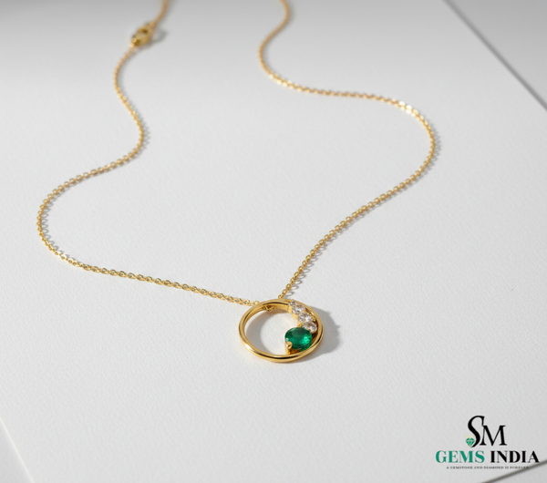 Round Green Natural Emerald Diamond Open Circle Pendant - Minimalist Fine Jewelry