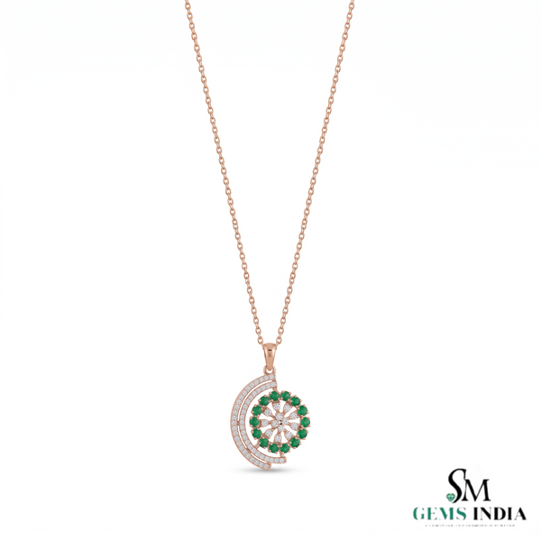 Round Natural Emerald and Diamond Spiral Flower Pendant in 18K Gold