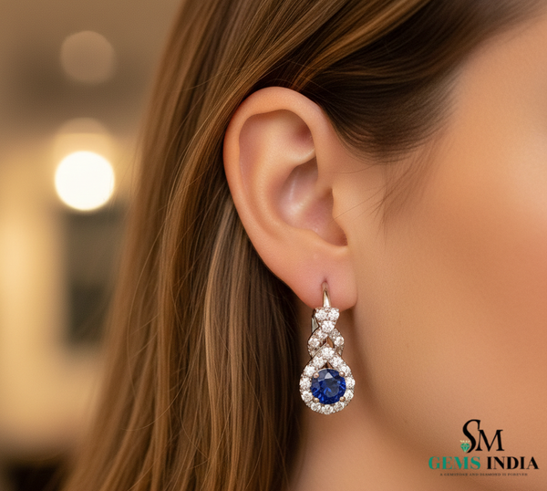 Round Blue Sapphire & Diamond Cluster Stud Earrings in 18k Gold – Vintage Halo Style (Copy)