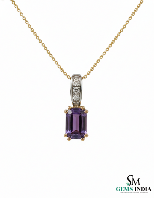 February Birthstone Emerald Cut Amethyst Diamond Pendant