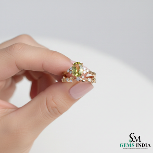 Oval Natural Green Peridot &amp; Diamond Two-Piece Ring Set in 14k and 18k gold - August birthstone
