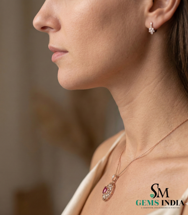 Oval Red Ruby Statement Pendant Intricate Floral Gold Jewelry