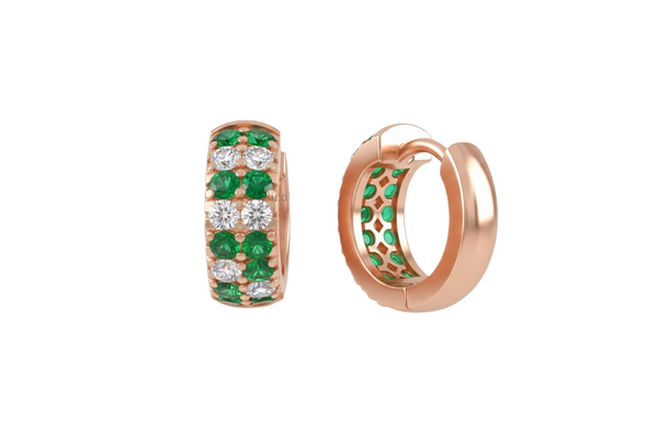 Natural Emerald Diamond Mini Hoop Earrings Round Emerald Luxury Hoops Huggie Earrings