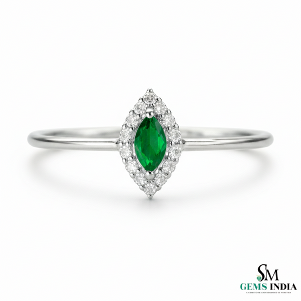 Marquise Cut Green Emerald Halo Ring with Diamond Accents – Vintage Style Fine Jewelry