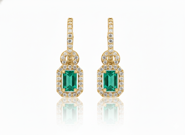 Elegant Emerald cut Natural Emerald Halo Drop Earrings in 14K Yellow Gold Geometric Design