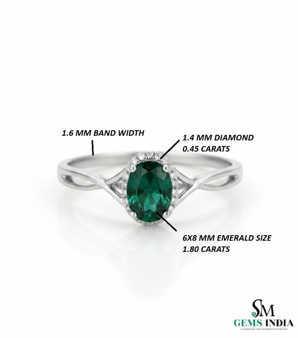 Oval Cut Emerald Ring with Diamond Halo & Split Shank Band