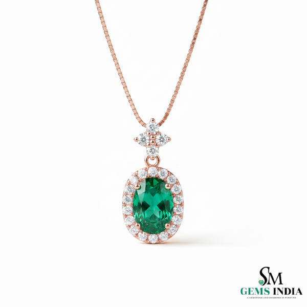 Oval Cut Natural Emerald Pendant with Diamond Halo Gemstone pendant for women