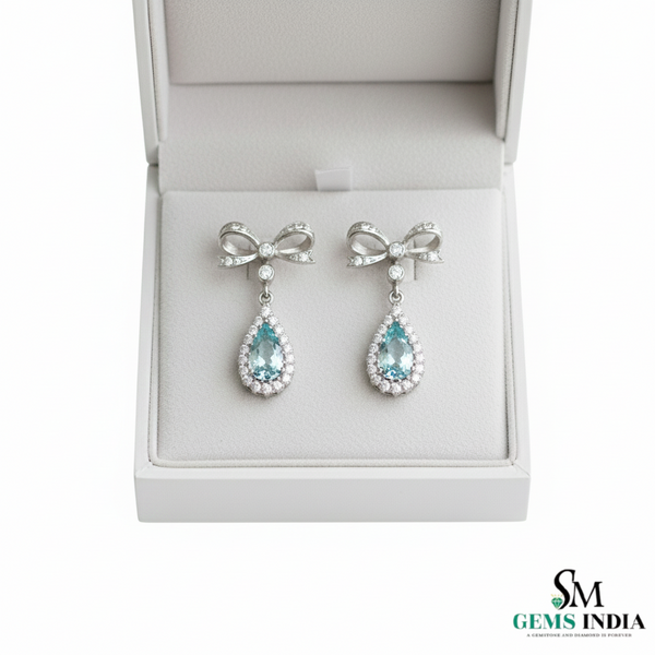 Pear March Birthstone Aquamarine Diamond Dangle Earrings