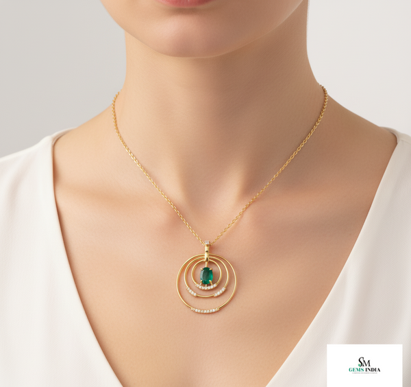 1.10 carat Oval shape Natural Emerald and Diamond Circle Pendant Necklace in 14K Gold