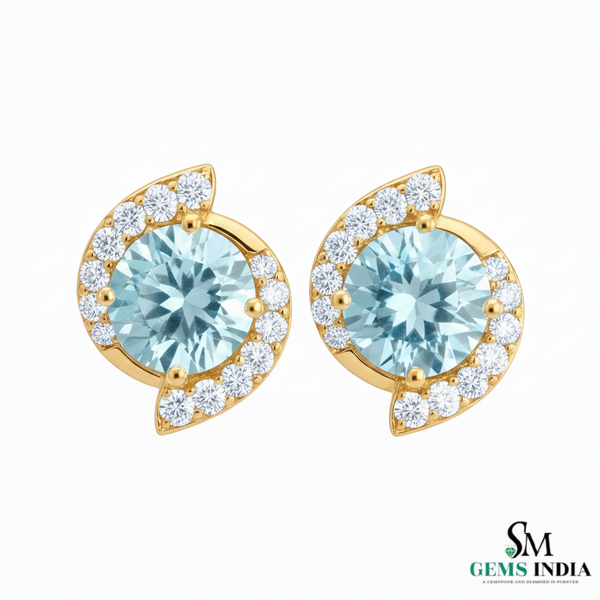 Round Cut Aquamarine & Diamond Stud Earrings