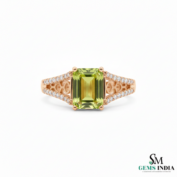 Natural Green Peridot & Diamond Ring – Emerald Cut in 14k and 18k Gold