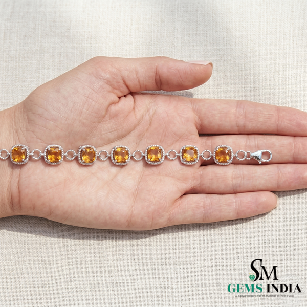 Natural Cushion Cut Citrine Halo Bracelet - Fine Gemstone Tennis Bracelet for Women