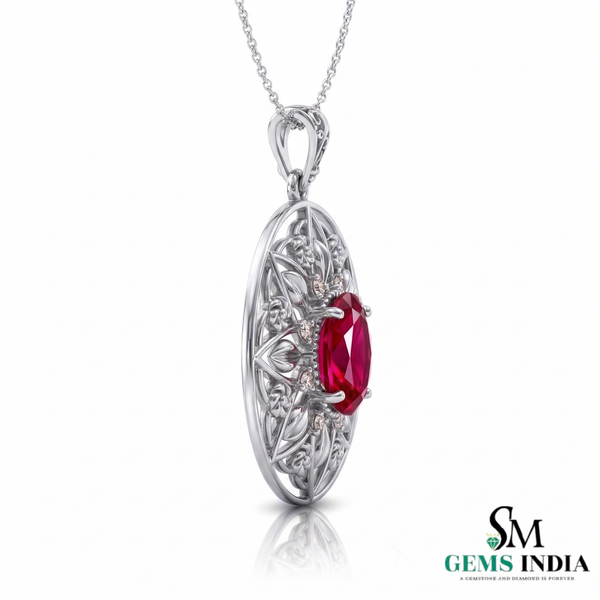 Oval Red Ruby Statement Pendant Intricate Floral Gold Jewelry