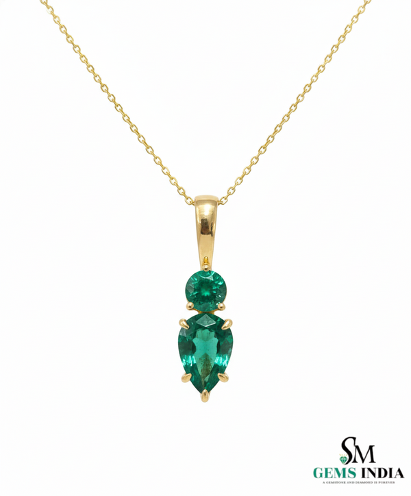 Two-Stone Natural Emerald Drop Pendant Round Pear Cut Design