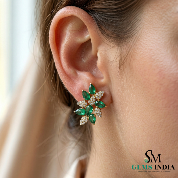 Green Emerald & Diamond Floral Stud Earrings – Elegant Gold Jewelry