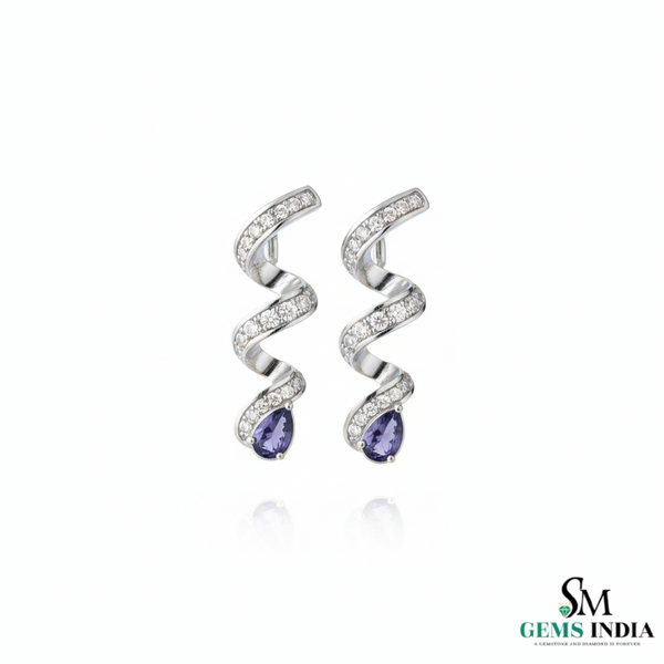 Pear Cut Blue Tanzanite & Diamond Spiral Drop Earrings in 14k and 18kk Gold