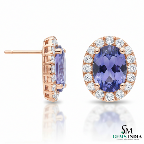 Minimal Oval Cut Tanzanite Halo Stud Earrings in 18k Gold