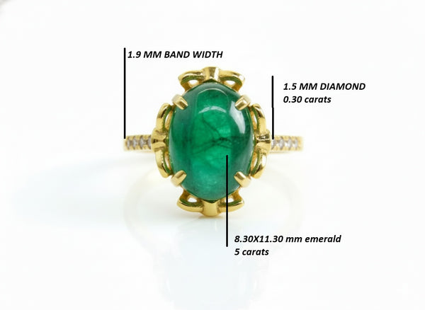 Oval shape Natural Emerald Cabochon with Diamond Band 18K Gold Ring 5 carat wedding Gift Ring