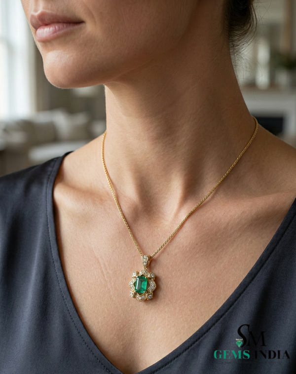 Vintage Style Emerald Cut Green Emerald Diamond Pendant