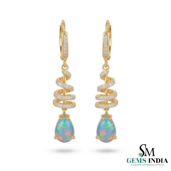 Pear Opal Drop Earrings with Diamond Spiral Design