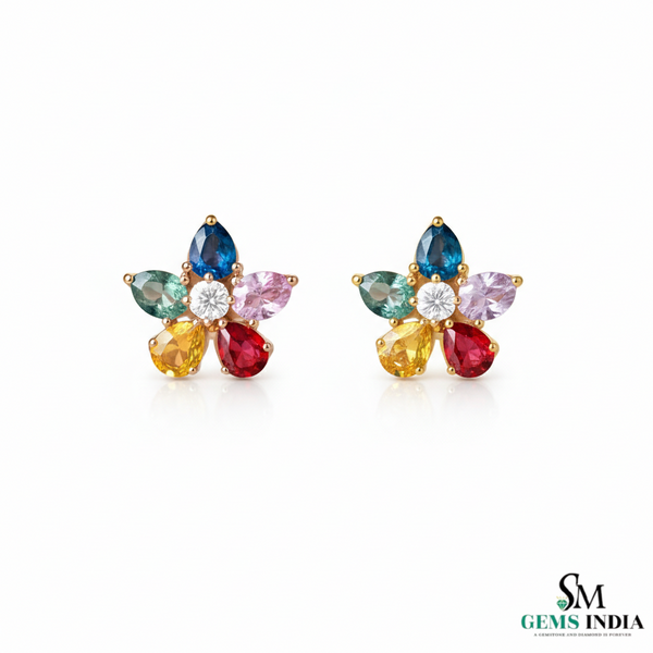 Multicolor Pear Cut Gemstone Flower Stud Earrings – Diamond Center Floral Cluster Earrings for Women