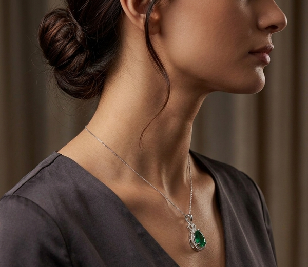 Pear Emerald Drop Pendant Necklace with Diamonds - Minimalist Fine Jewelry