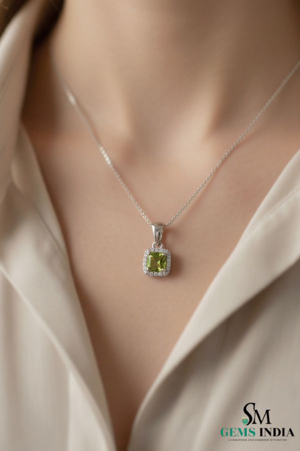 Cushion Cut Natural Peridot Diamond Halo Pendant For Woman