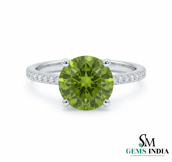 Round Cut Peridot Engagement Ring with Diamond Band - Jewelry gift for her