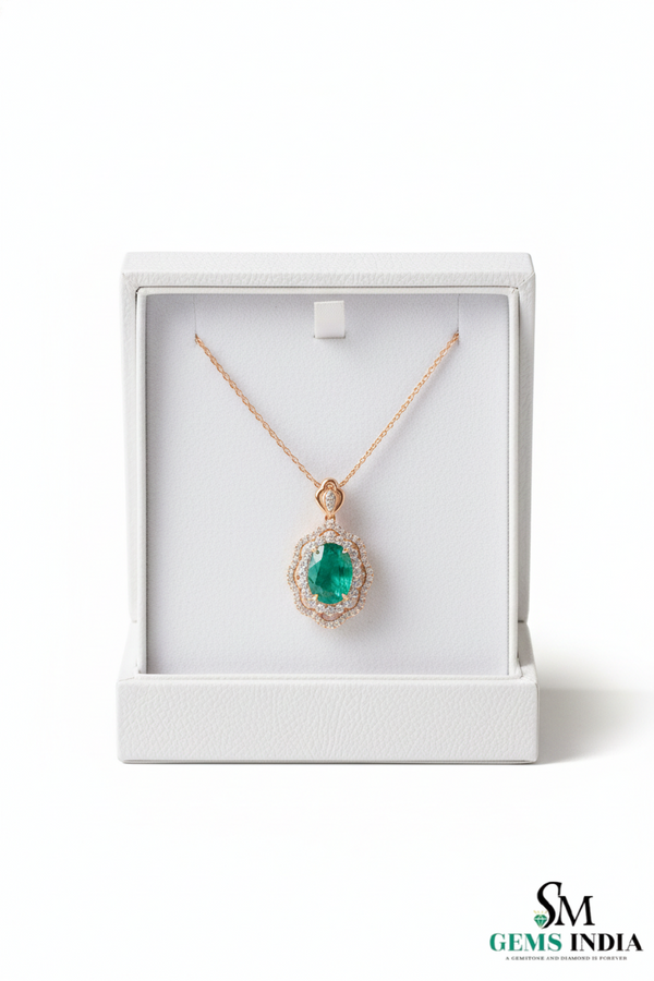 Natural Oval Emerald Diamond Halo Pendant - Fine Emerald Jewelry for Women