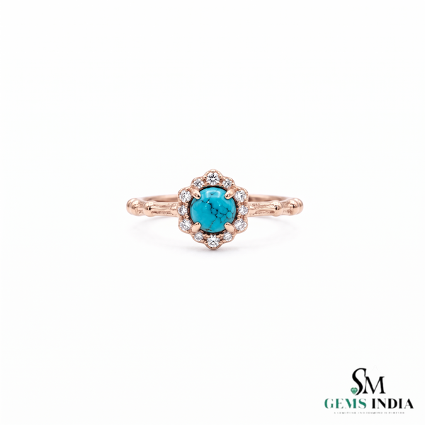 Round Turquoise Ring With Diamond Halo –Elegant Fine Jewelry