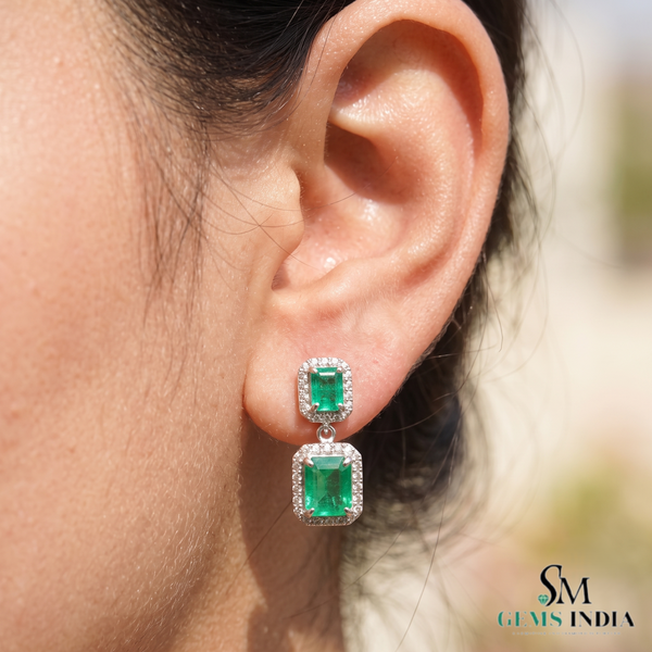 Emerald cut Natural Emerald & Double Drop Halo Earrings in 14K Gold Classic Vintage Dangle Design