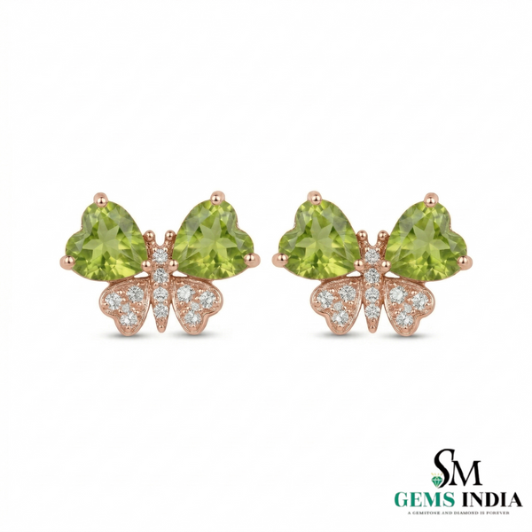 Green Peridot Heart Shape Earrings with Diamond Accent – Elegant Stud Earrings