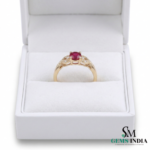 Natural Oval Ruby Ring with Diamond Leaf Design - Classic Ruby Jewelry