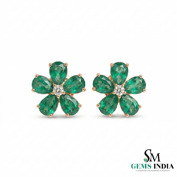 Luxury Pear Cut Emerald Floral Earrings in 14K Gold – Gift for Her