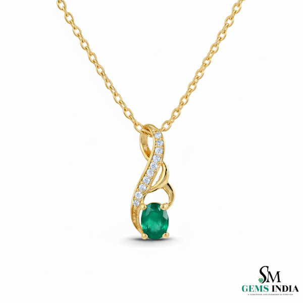 Natural Green Emerald Oval Pendant with Diamond Curve Design
