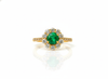 Round Natural Emerald and Diamond Halo Engagement Ring in 14K Gold Handmade Fine Gold Jewelry