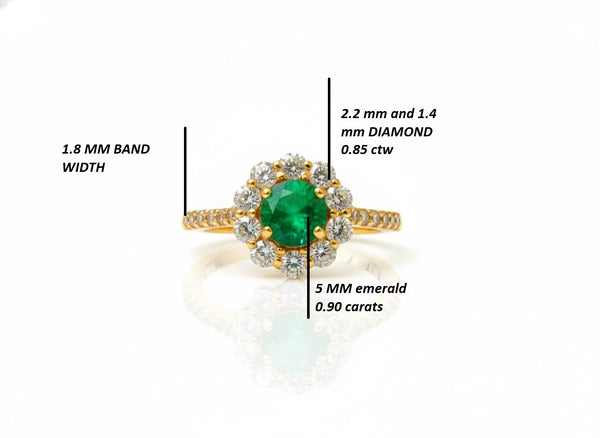 Round Natural Emerald and Diamond Halo Engagement Ring in 14K Gold Handmade Fine Gold Jewelry