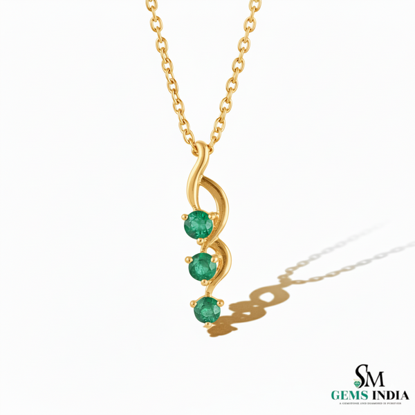 Three Stone Green Emerald Drop Twist Pendant - Halo Gemstone Pendant