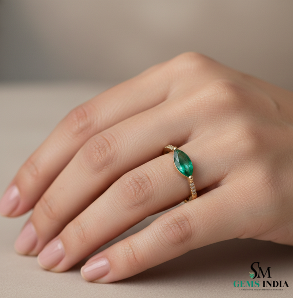 Minimalist Marquise Cut Green Emerald Ring with Diamond Accent Band – Delicate Fine Jewelry