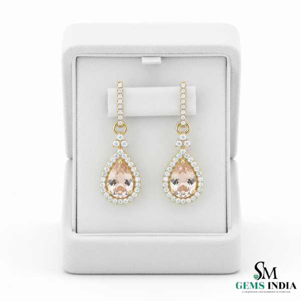 Pear-Shaped Morganite Diamond Halo Dangle Earrings - Pink Gemstone Drop Earrings