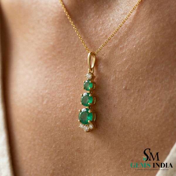 Fine Jewelry Three Stone Emerald ; Diamond Drop Pendant