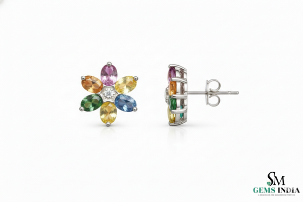 Oval Multicolor Gemstone Floral Stud Earrings – Diamond Center Rainbow Flower Earrings for Women