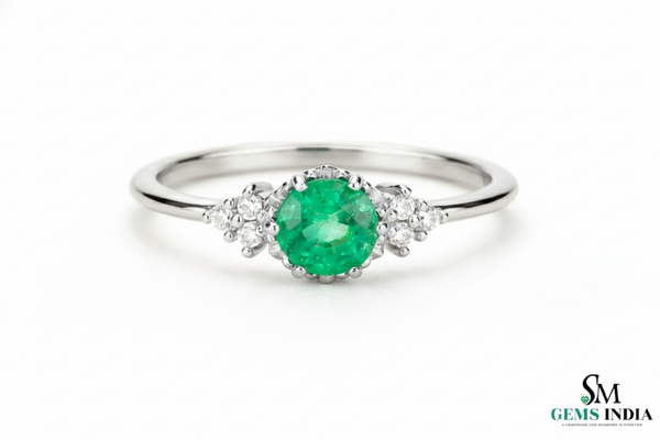 Round Natural Emerald Halo Ring with Diamond Accents – Fine Gold Jewelry