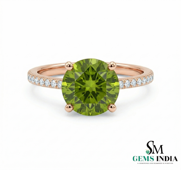 Round Cut Peridot Engagement Ring with Diamond Band - Jewelry gift for her